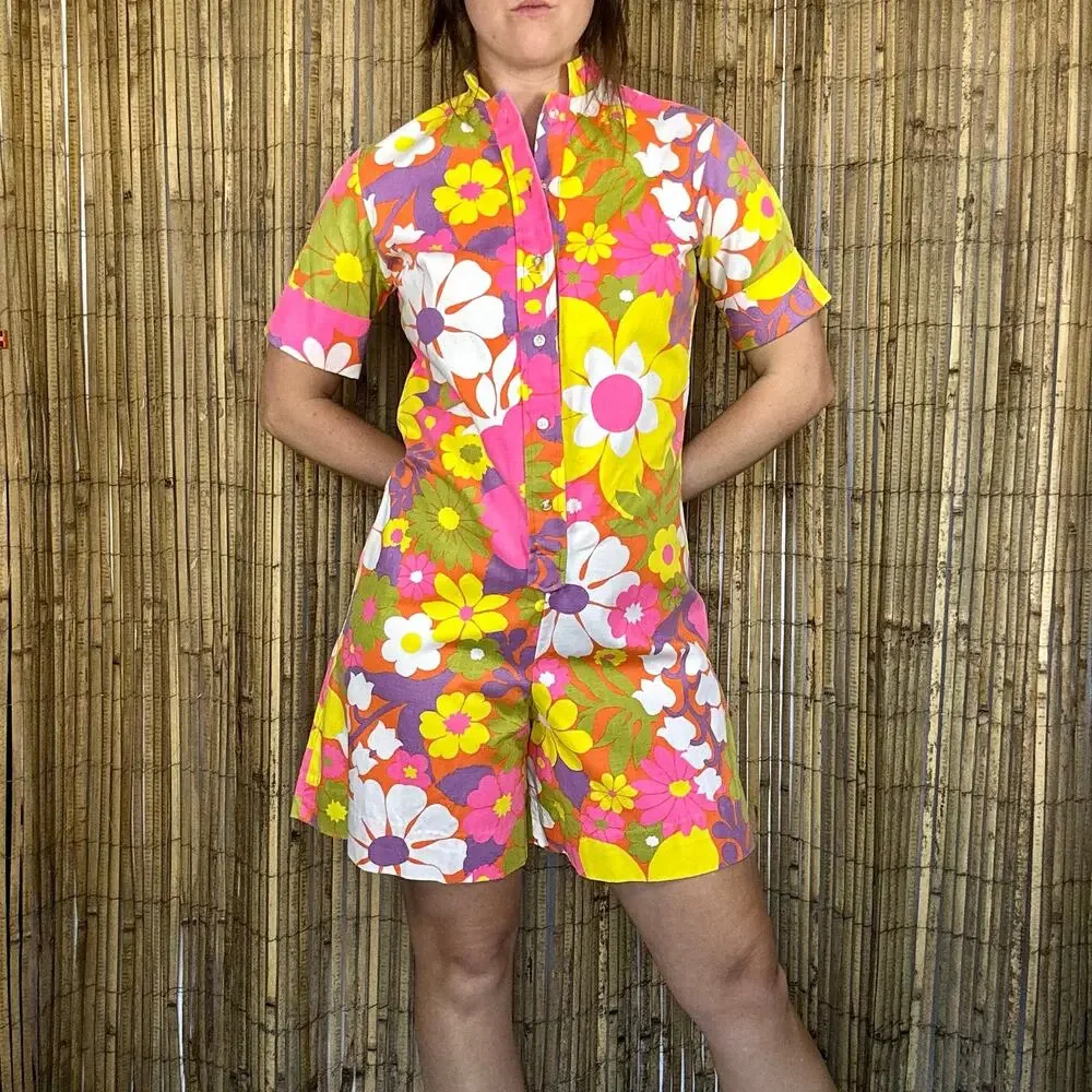 Vintage 1960s Lady Wrangler Floral Canvas Romper Jumpsuit Mod Pink Yellow